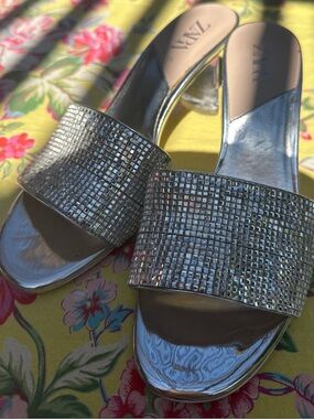 GUC Zara Silver Mirror-Embellished Slide Mules with Lucite Heels SZ 39/9